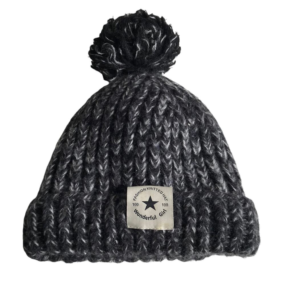 Wonderful Girl Chunky Knit Winter Hat Pom Pom Marled Ribbed Beanie Apres Ski Cap